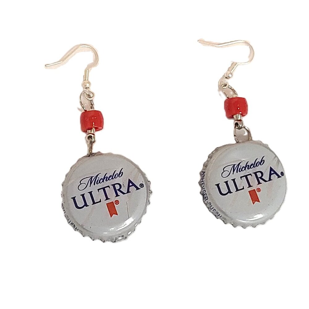 Silver Tone Michelob Ultra Silver Bottle Top Boho Drop Dangle Hook Earrings